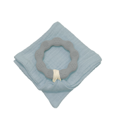 Anneau de dentition gris et son lange bleu
